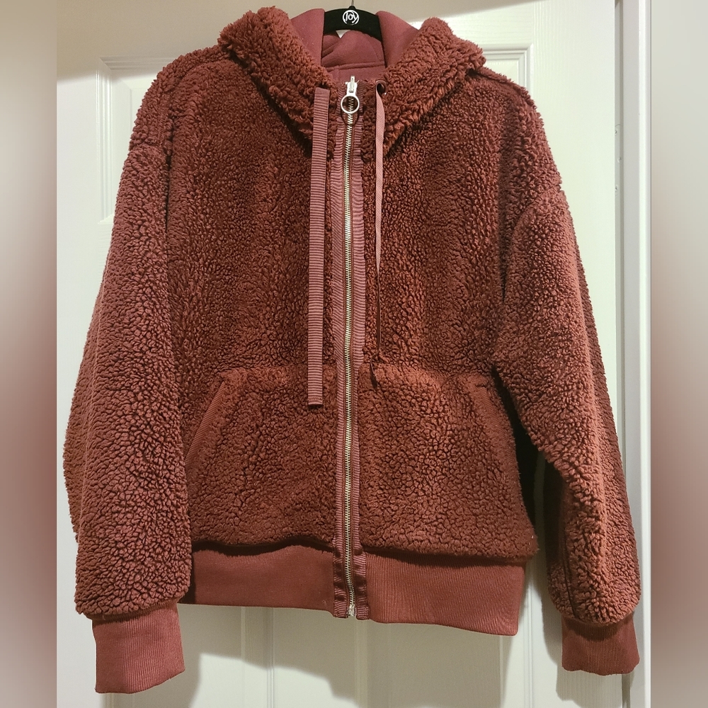 Athleta reversible sherpa sweater zipper jacket, XL, maroon